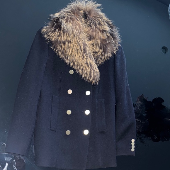 Theory Black Pea Coat with Faux Fur Collar